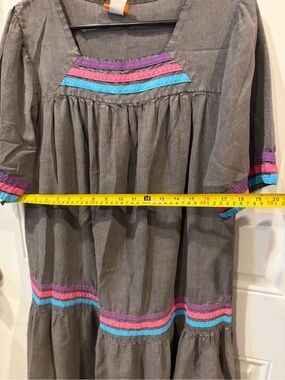 Girls' Gray Tiered Cotton Dress with Pink & Blue Trim 16